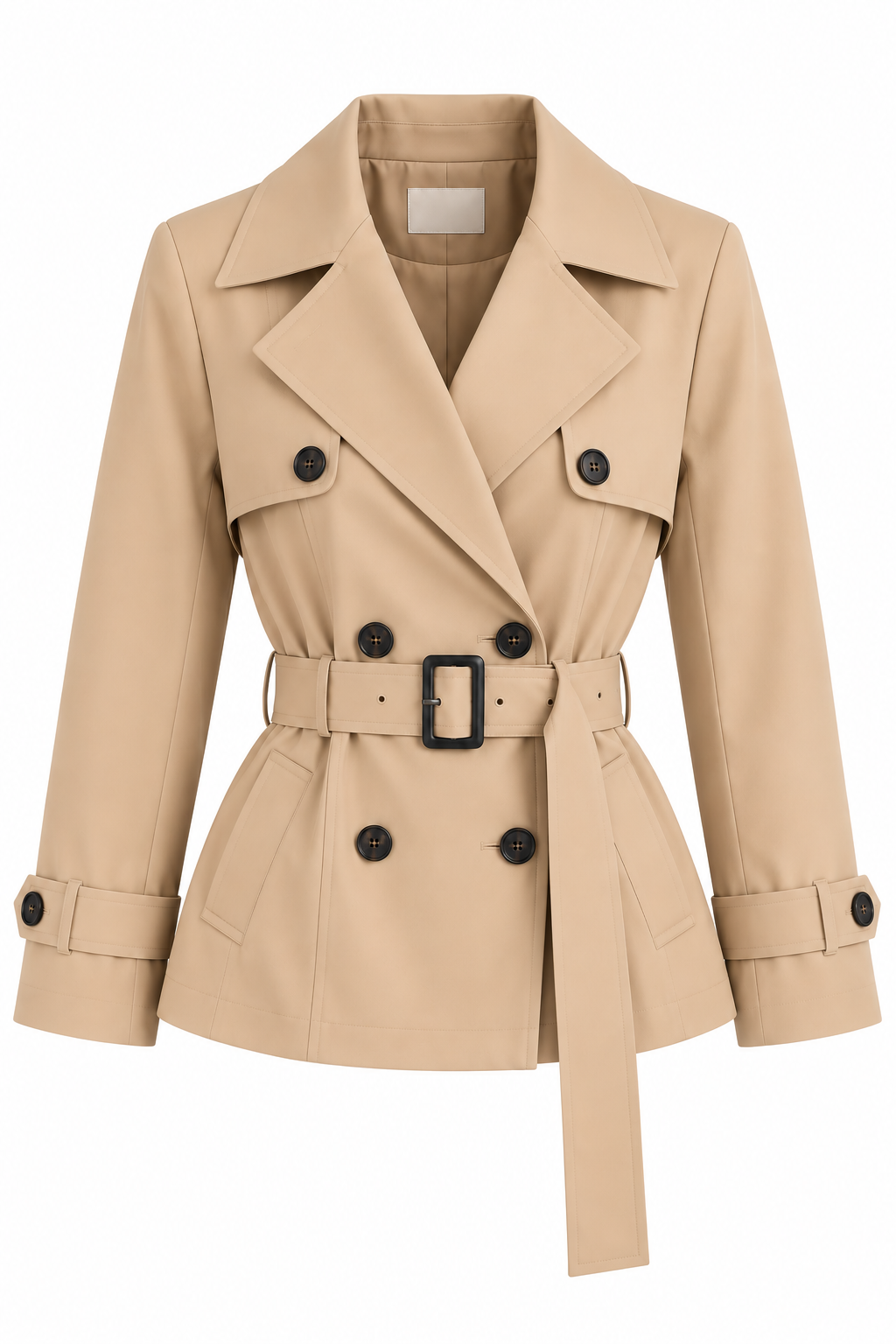 Kurzer Trenchcoat Nayla in Beige mit Gürtel, am Model getragen