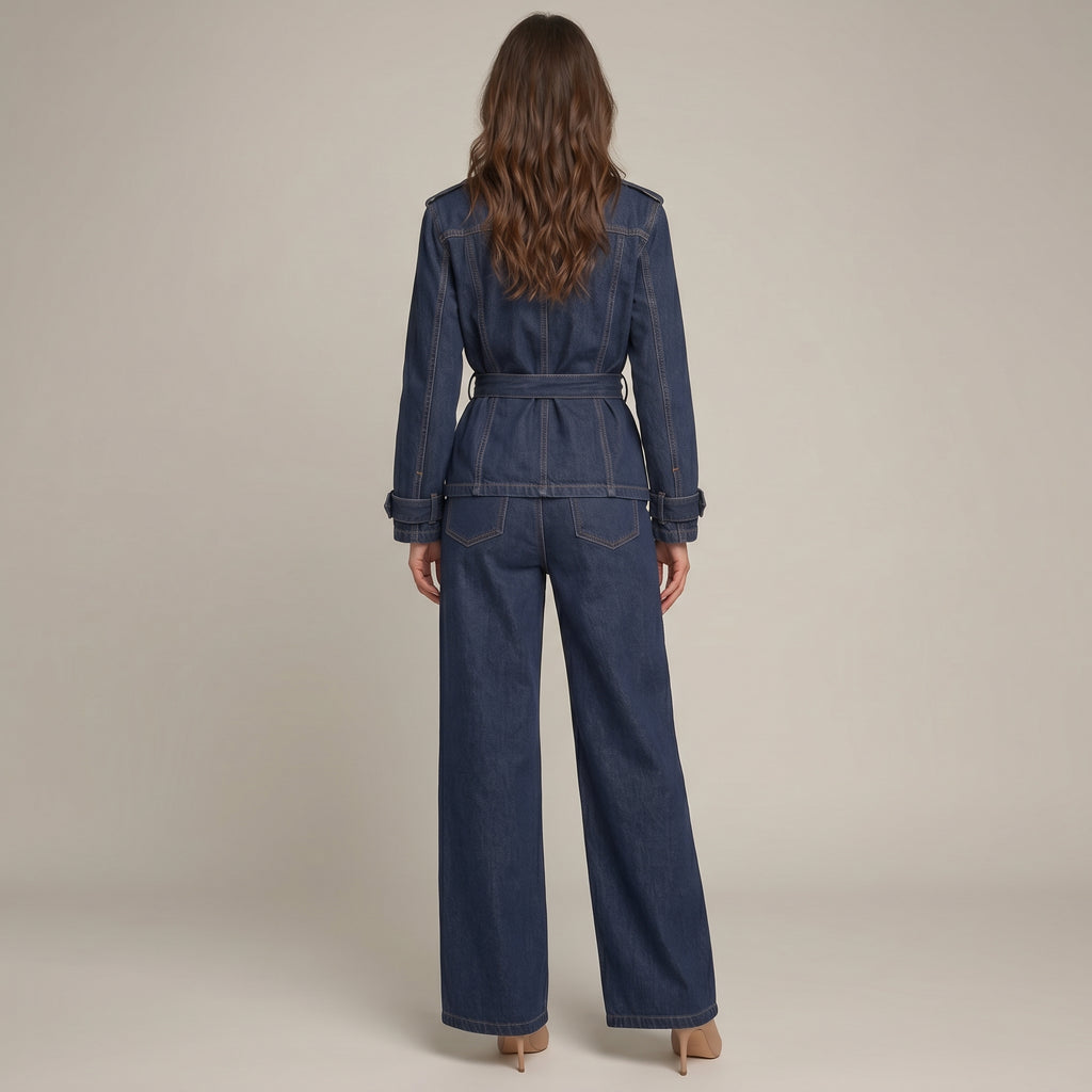 Denim-Zweiteiler Leyla, Jacke mit Gürtel und weite Jeans
