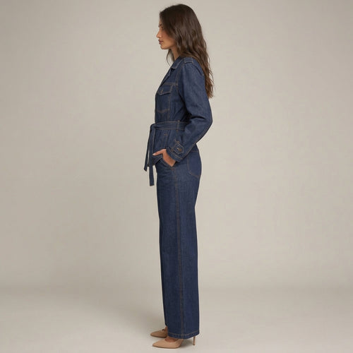 Denim-Zweiteiler Leyla, Jacke mit Gürtel und weite Jeans