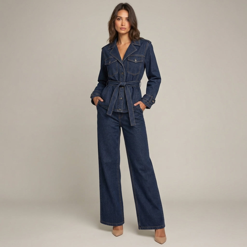 Denim-Zweiteiler Leyla, Jacke mit Gürtel und weite Jeans