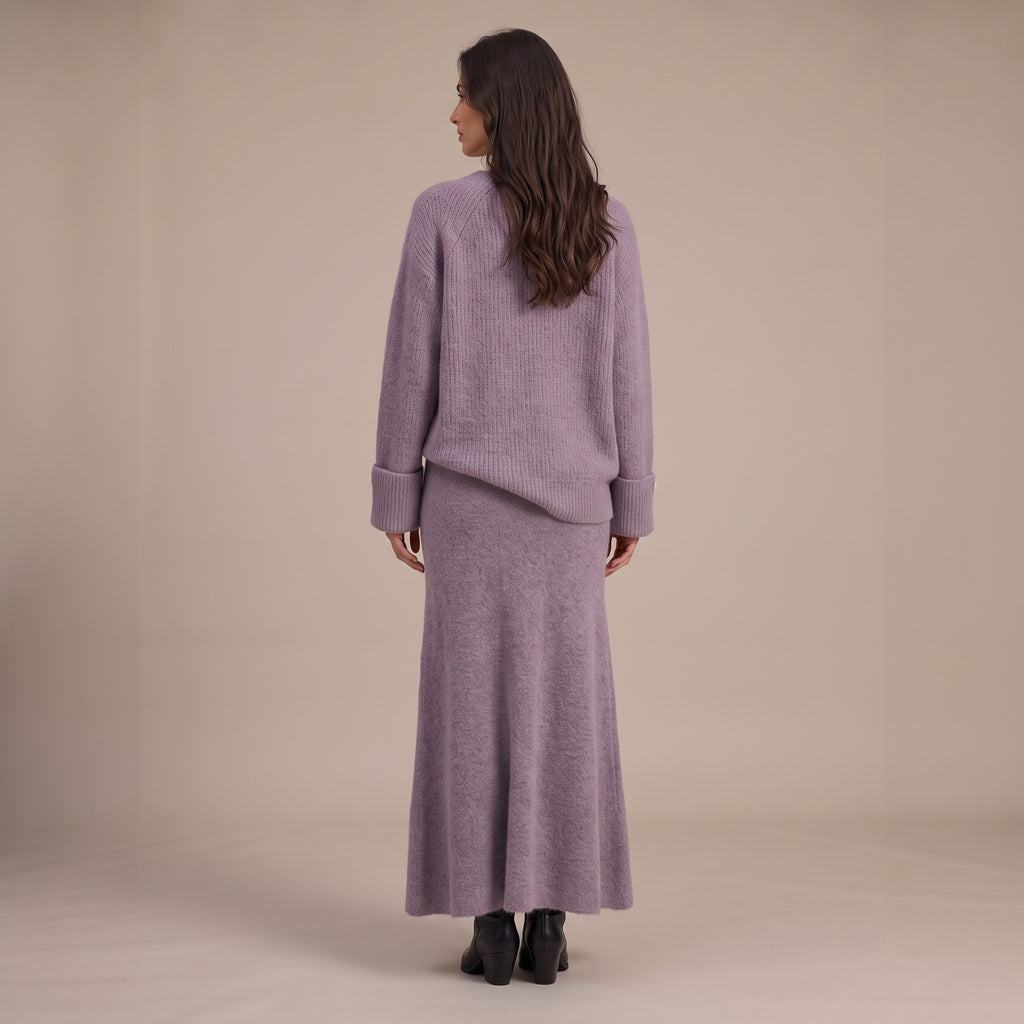 Strick-Zweiteiler Selin, Pullover mit Knopfmanschette und langer Rock