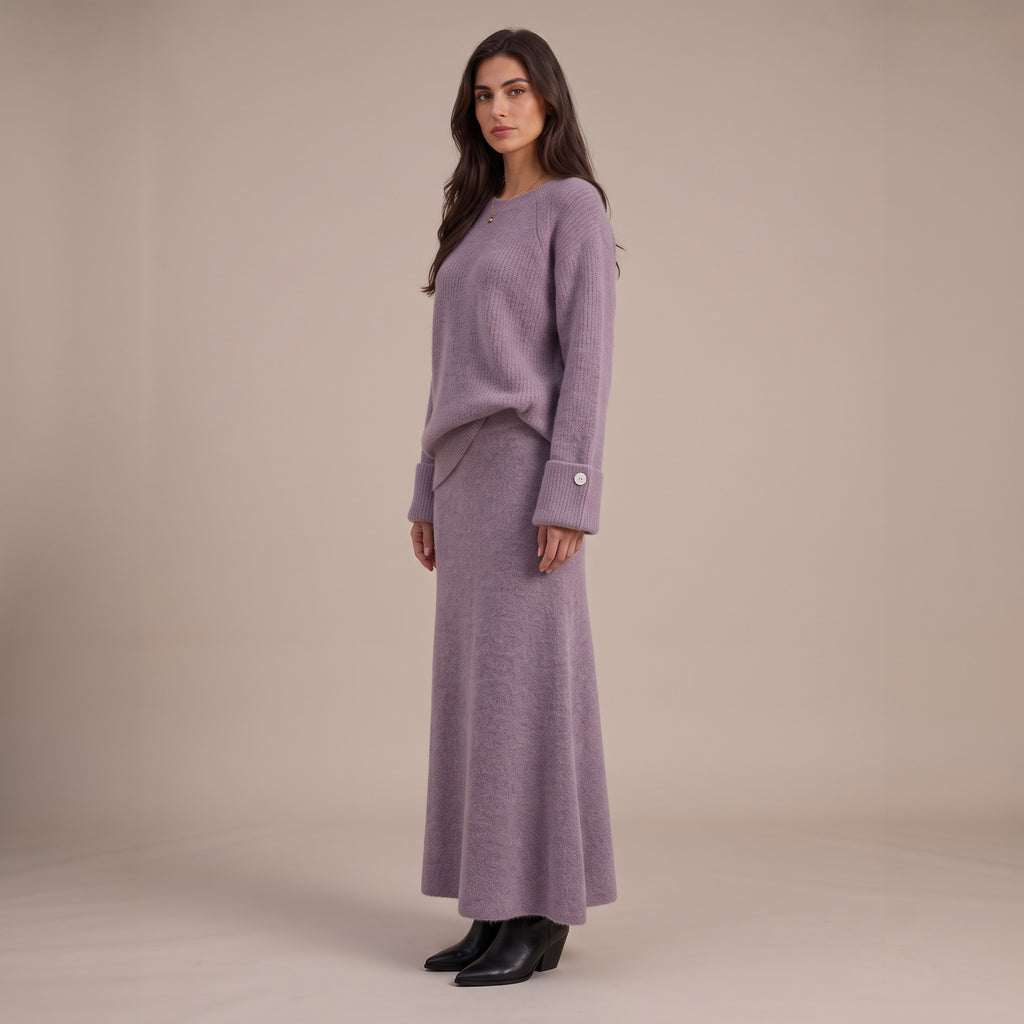 Strick-Zweiteiler Selin, Pullover mit Knopfmanschette und langer Rock