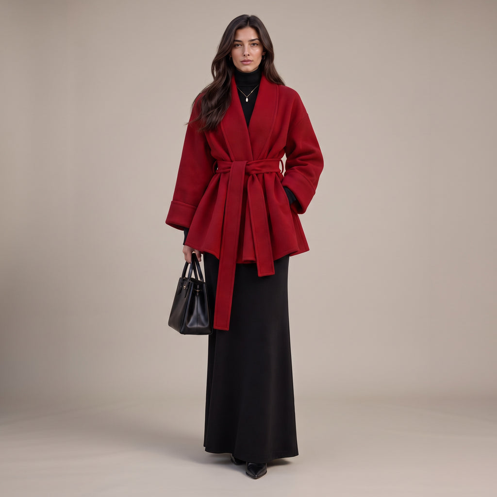 Kurzmantel Hala in Rot mit Schalkragen und Bindegürtel