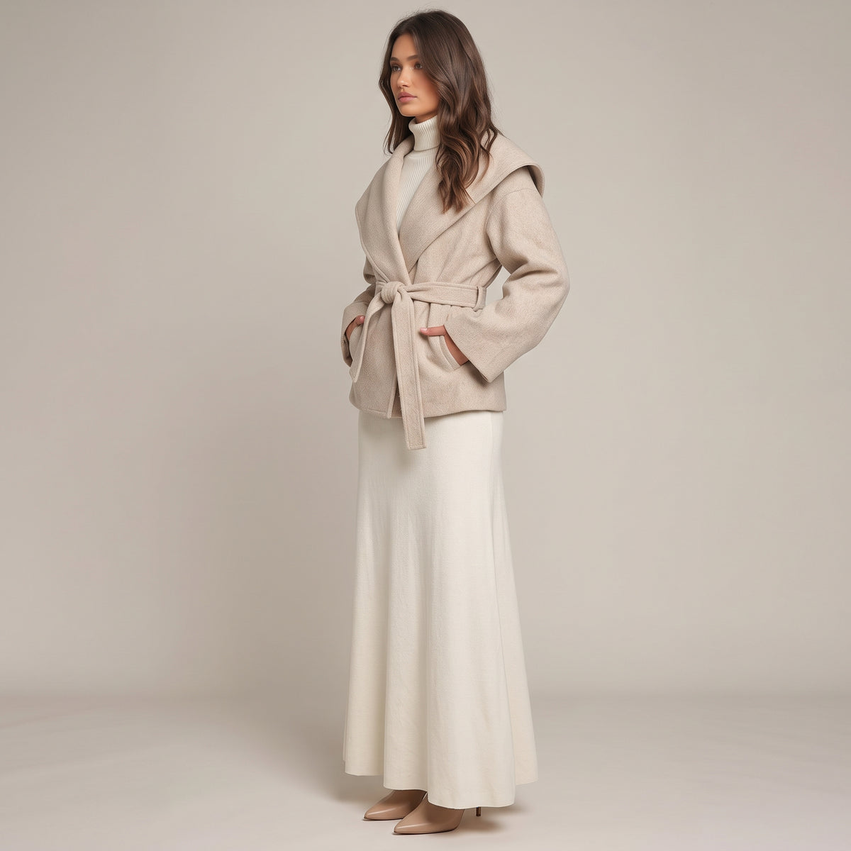 Kurzmantel Lina in Beige mit Schalkragen und Bindegürtel