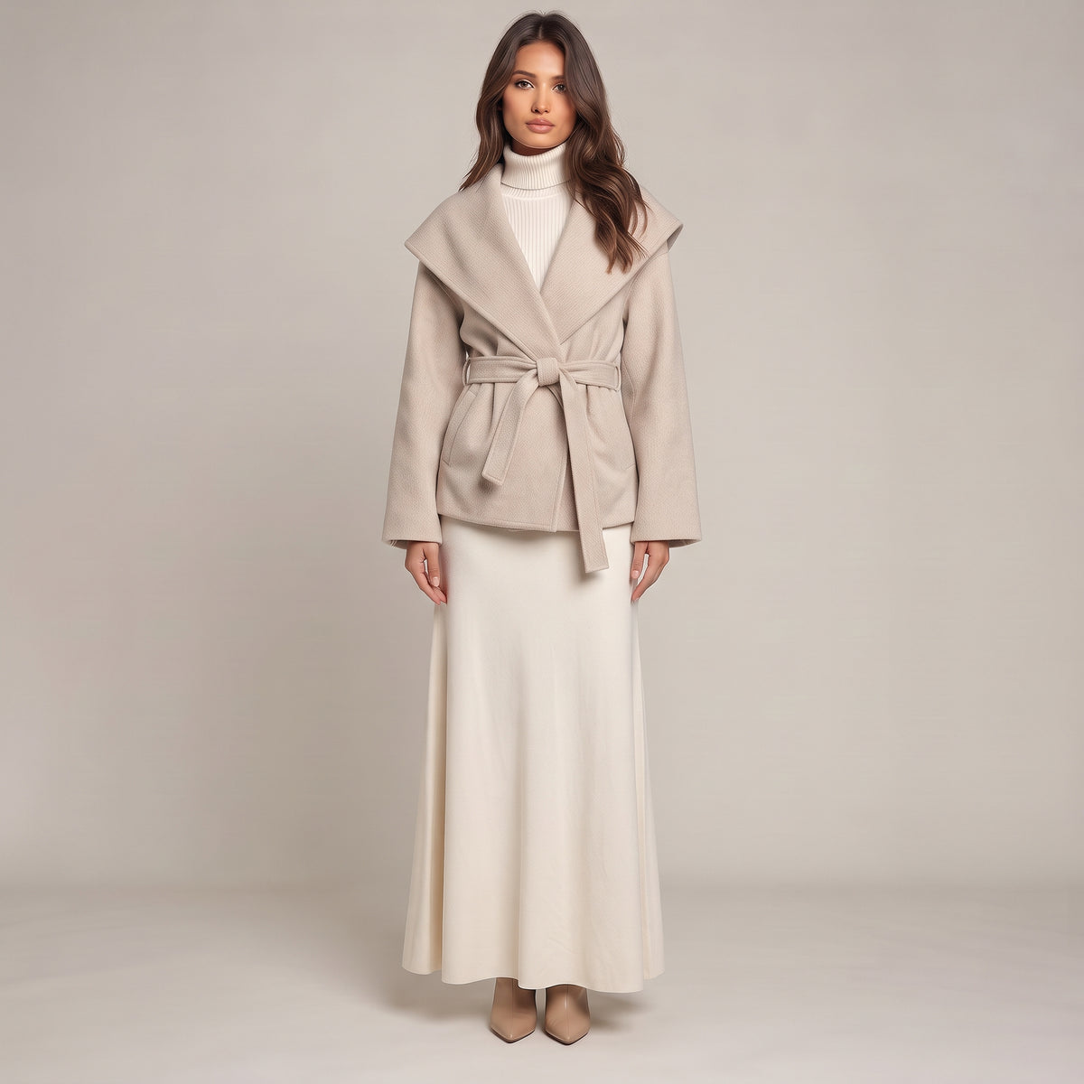 Kurzmantel Lina in Beige mit Schalkragen und Bindegürtel