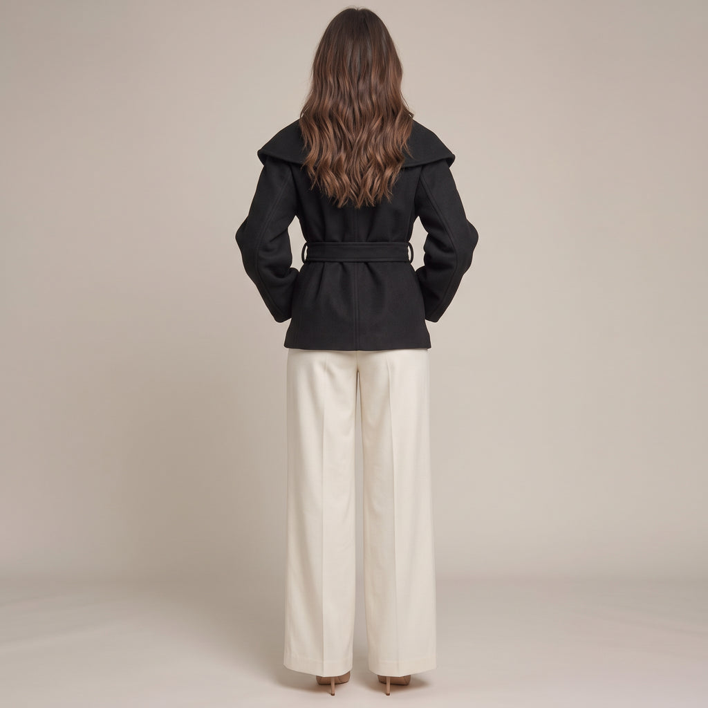 Kurzmantel Lina in Schwarz mit Schalkragen und Bindegürtel