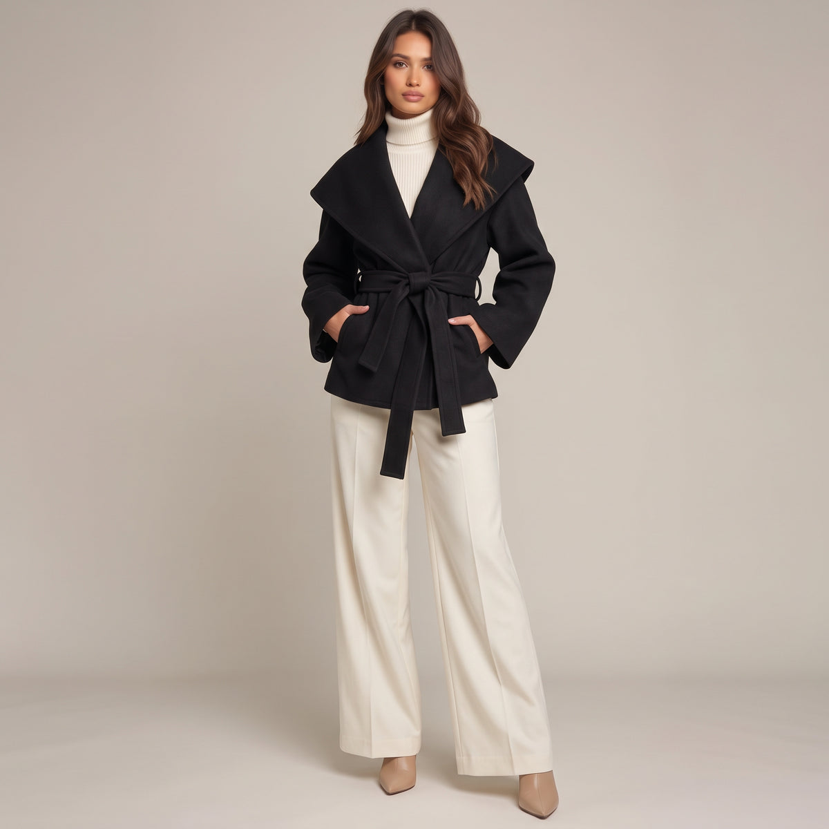 Kurzmantel Lina in Schwarz mit Schalkragen und Bindegürtel