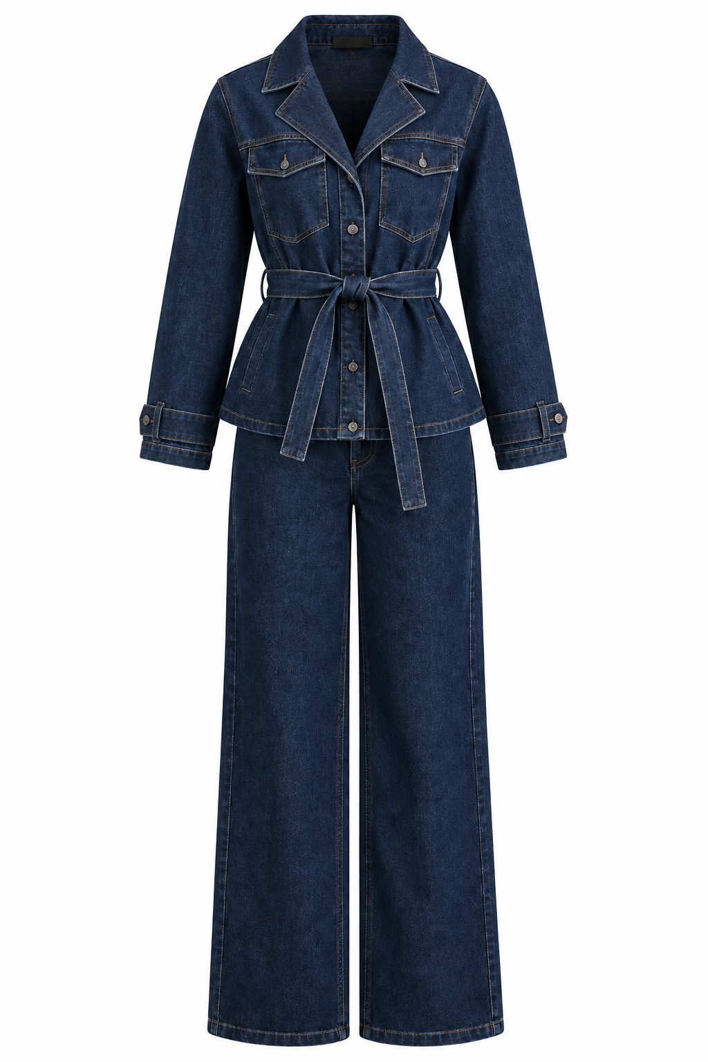 Denim-Zweiteiler Leyla, Jacke mit Gürtel und weite Jeans