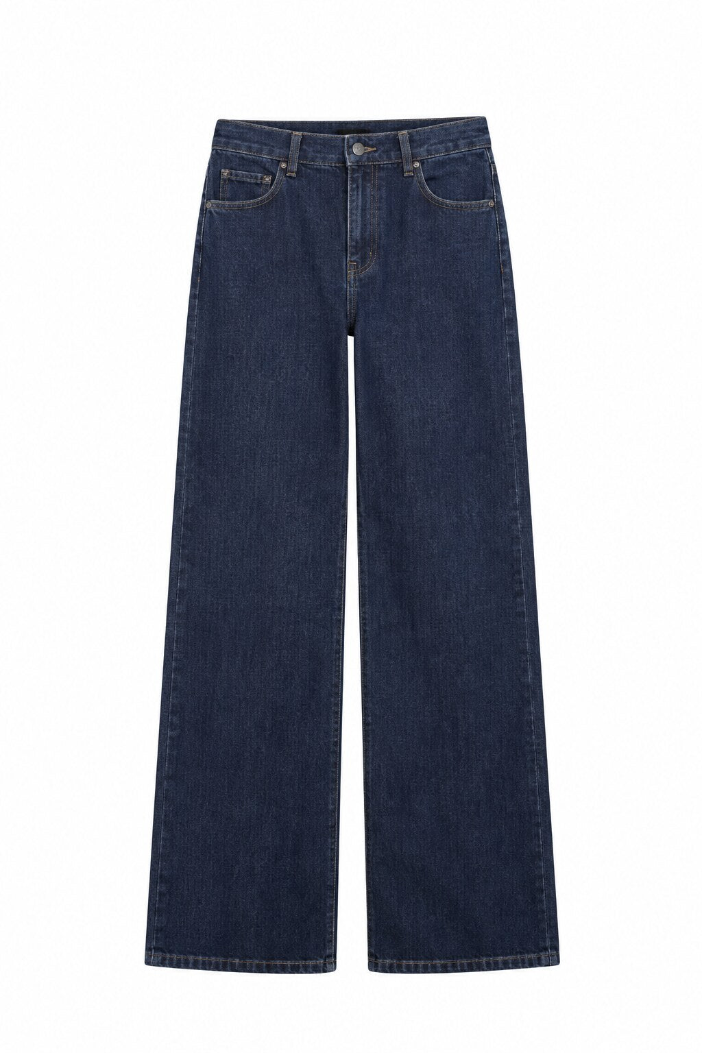 Weite Jeans Leyla mit hohem Bund in dunklem Indigo, freigestellt vor weißem Hintergrund