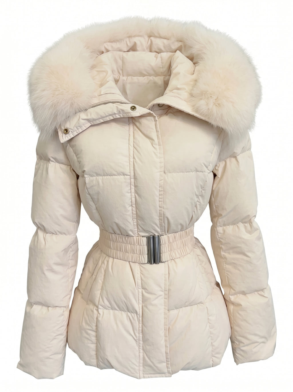 Steppjacke Amira in Rosa mit Fellkapuze und Gürtel