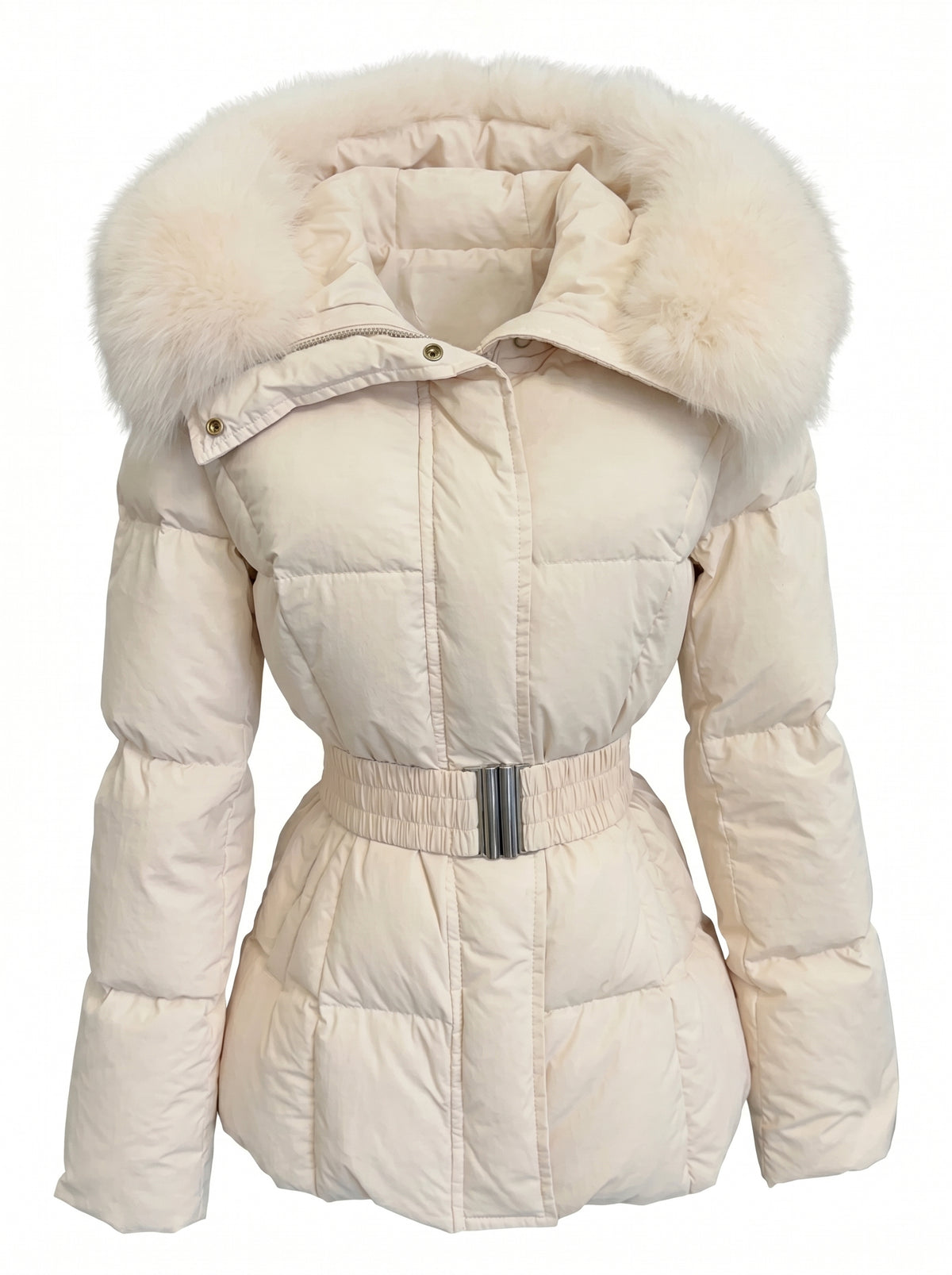 Steppjacke Amira in Rosa mit Fellkapuze und Gürtel