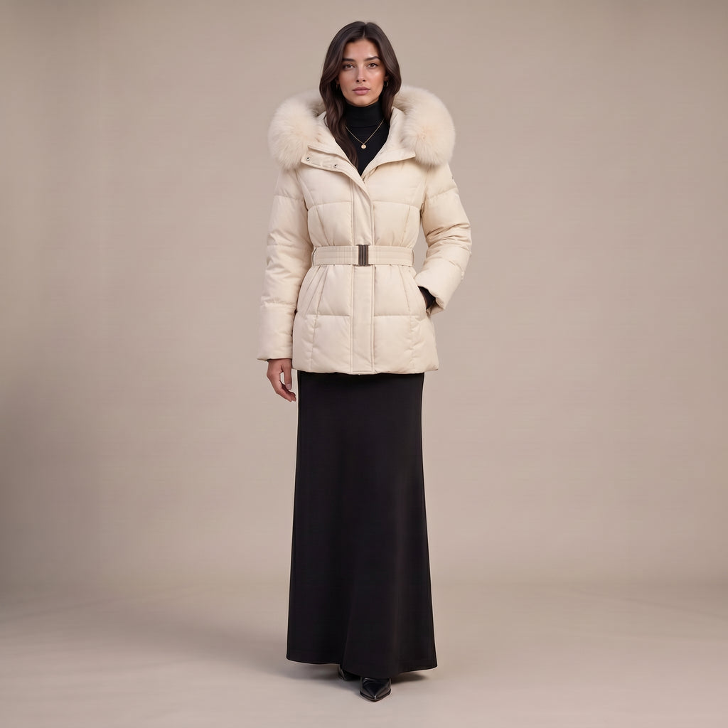 Steppjacke Amira in Rosa mit Fellkapuze und Gürtel