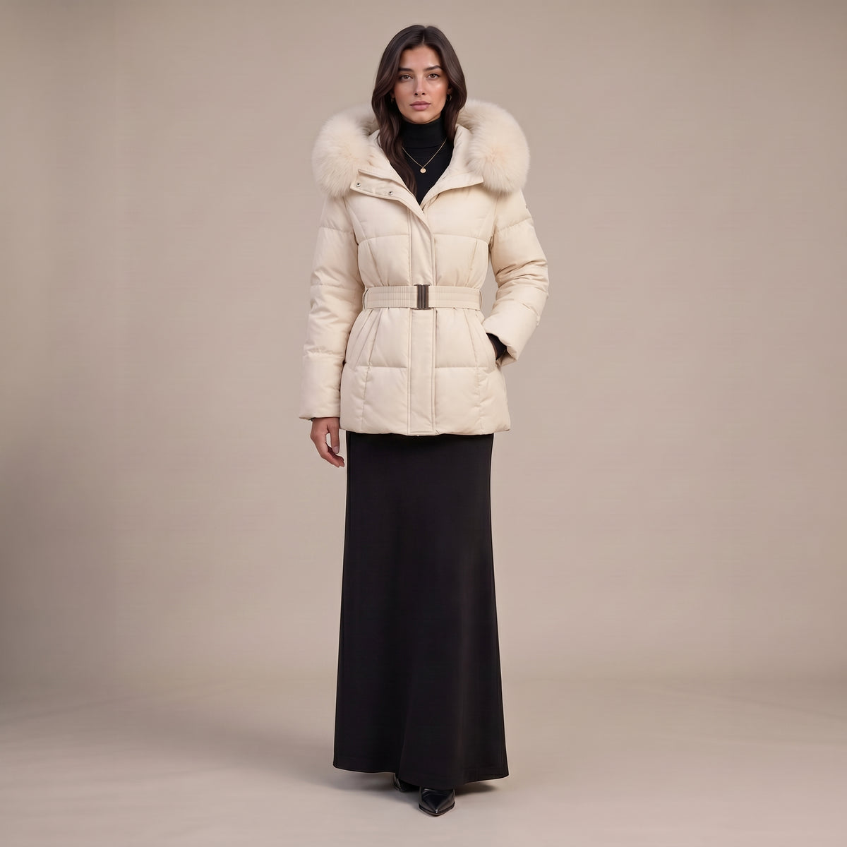 Steppjacke Amira in Rosa mit Fellkapuze und Gürtel