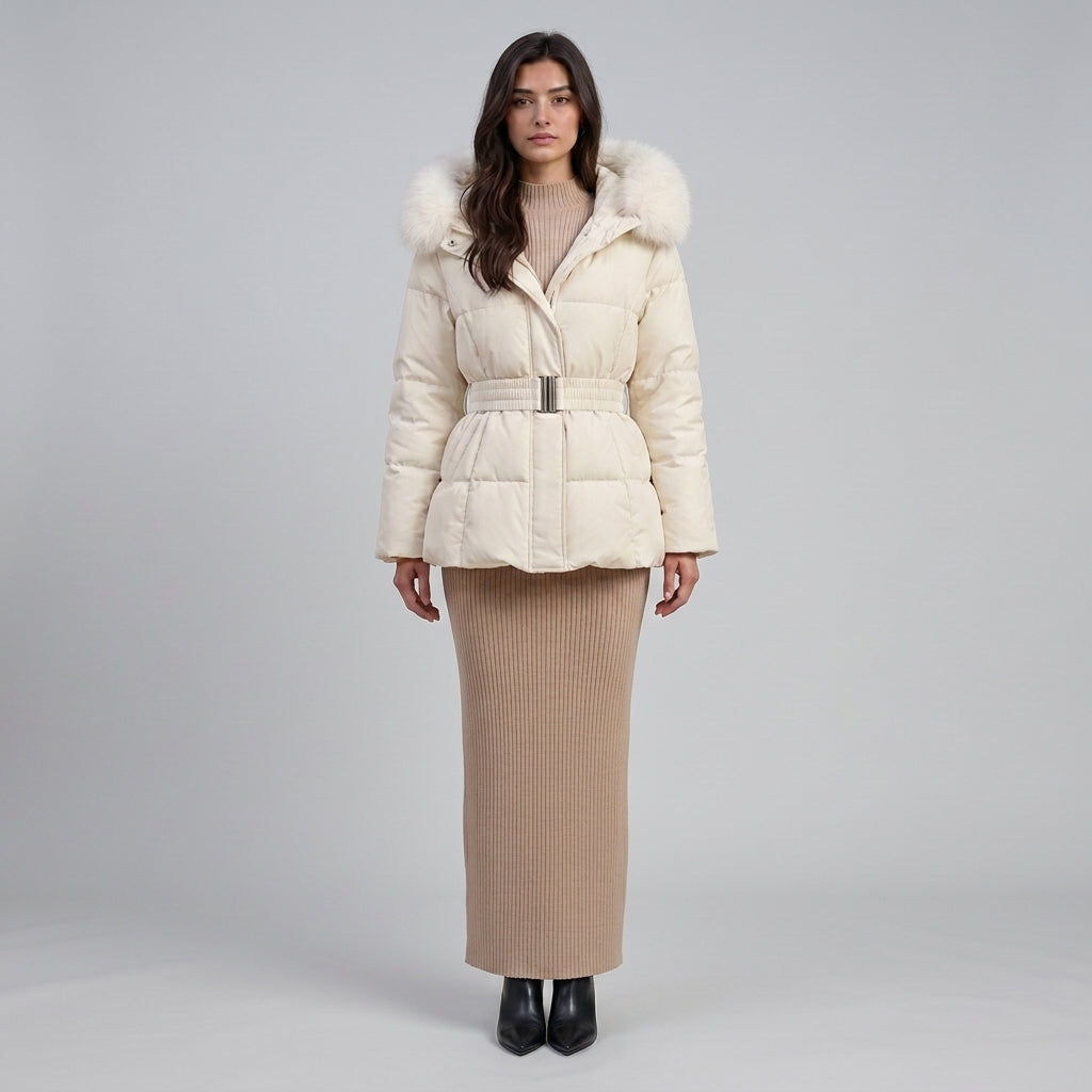 Steppjacke Amira in Weiß mit Fellkapuze und Gürtel