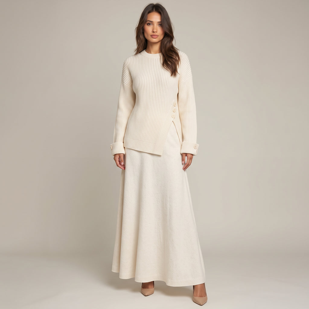 Strick-Zweiteiler Nour, Pullover mit Knopfschlitz und langer Rock