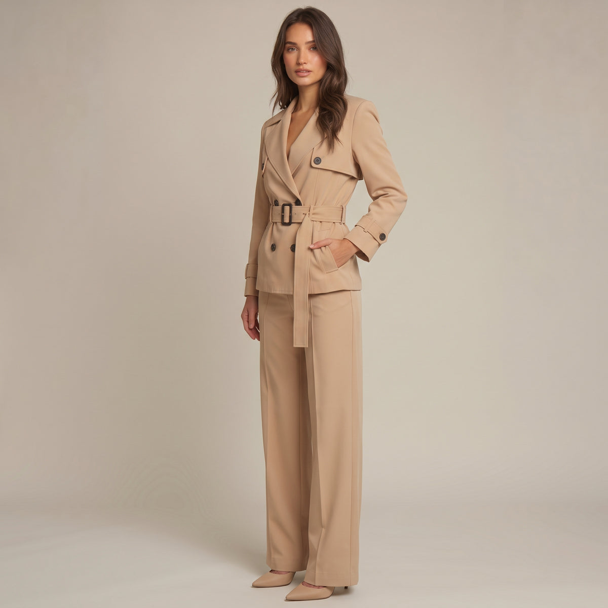 Trenchcoat Nayla in Beige, kurz geschnitten mit Gürtel